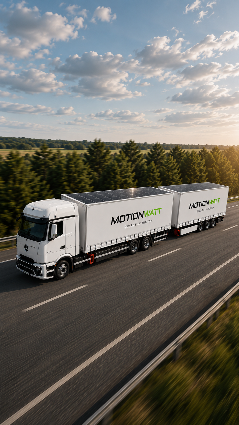 Elektrischer europäischer Sattelzug mit PV-belegtem Trailerdach auf der Autobahn