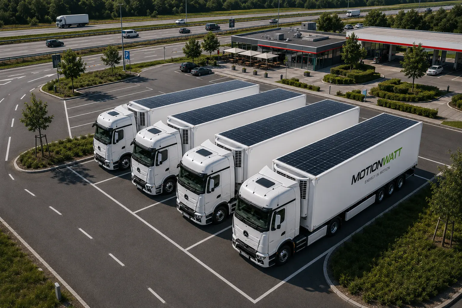MOTIONWATT Lkw-Flotte mit Photovoltaik auf den Aufliegerdächern auf einem Rastplatz