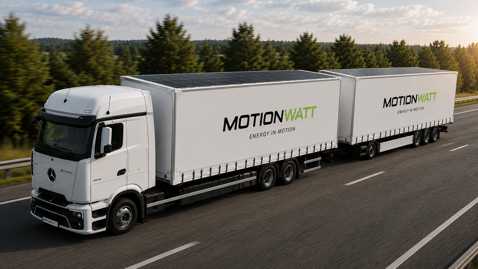 Elektrischer europäischer Sattelzug mit PV-belegtem Trailerdach auf der Autobahn